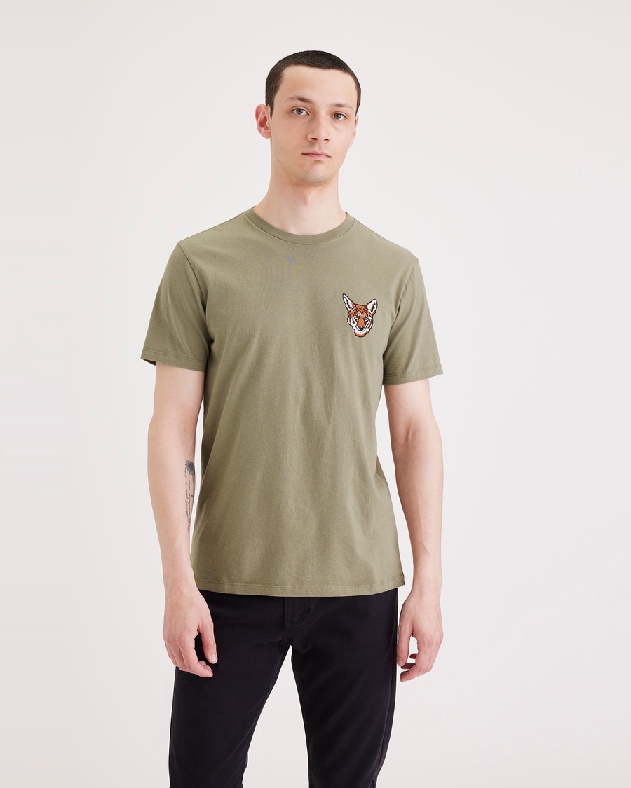 Front view of model wearing Overland Trek Men's Slim Fit Logo Tee.