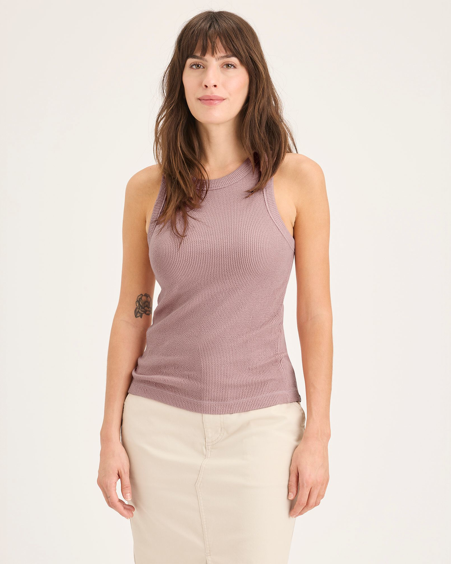 Front view of model wearing Pale Mauve Women's Slim Fit Knit Tank.