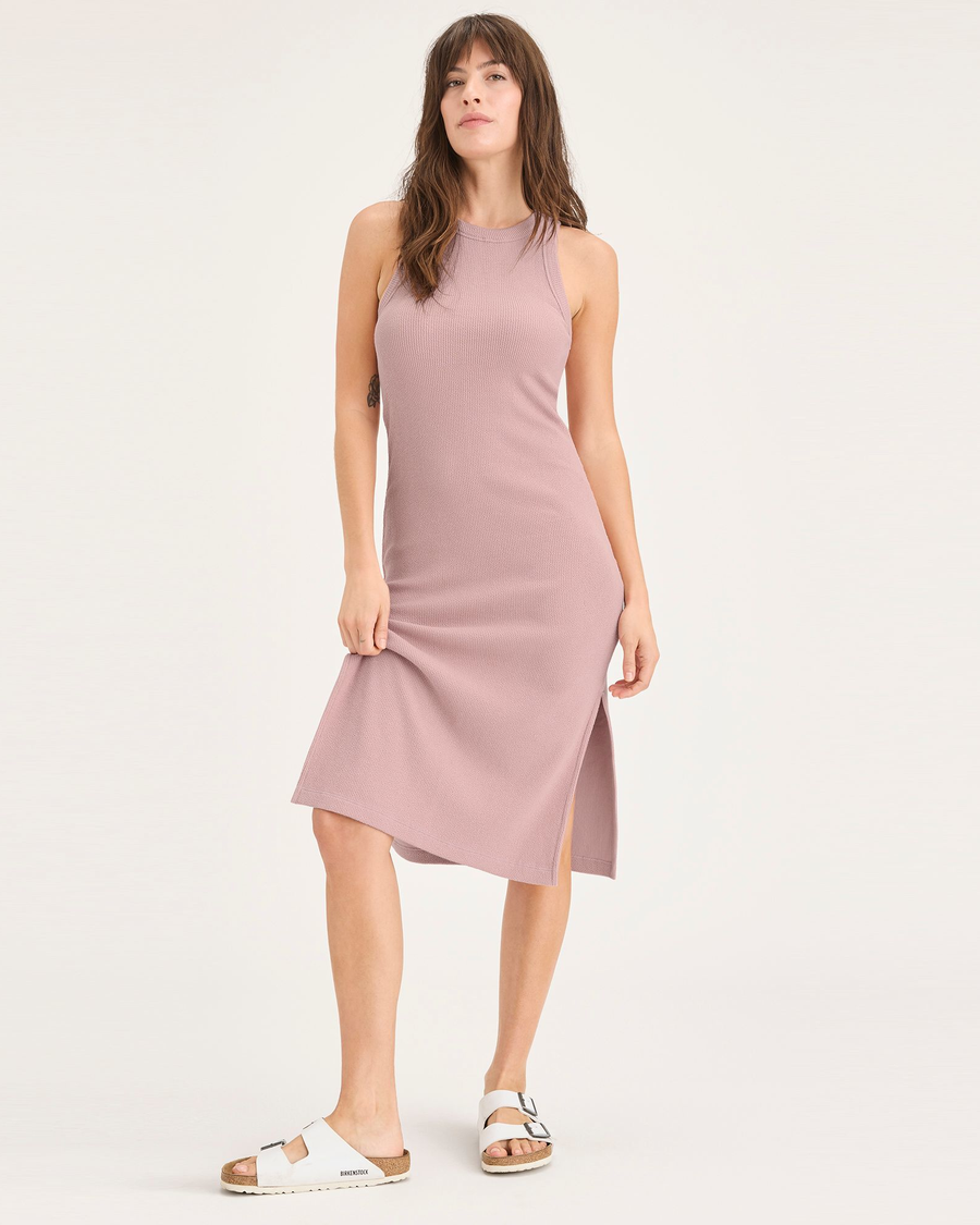 View of model wearing Pale Mauve Women's Tank Dress.