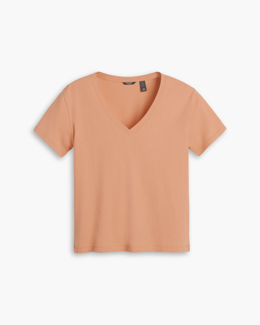 View of model wearing Peach Bloom Women's Deep V-Neck Tee Shirt.