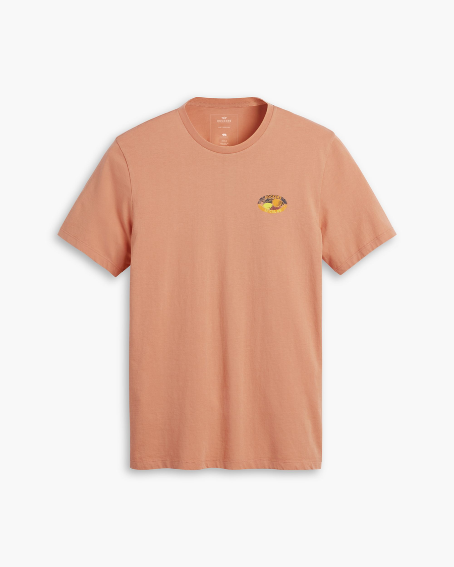 View of model wearing Peach Blossom Men's Slim Fit Logo Tee.