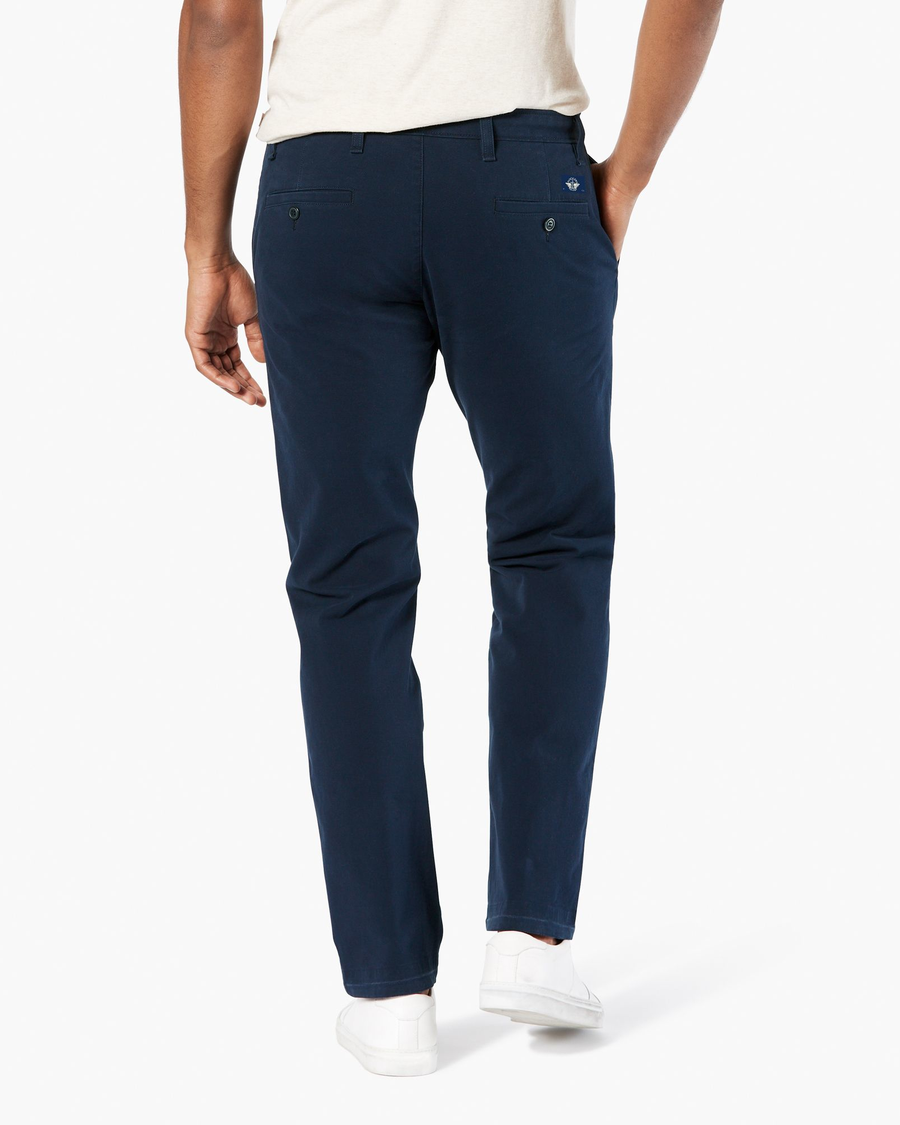 Back view of model wearing Pembroke - Blue Ultimate Chinos, Straight Fit.