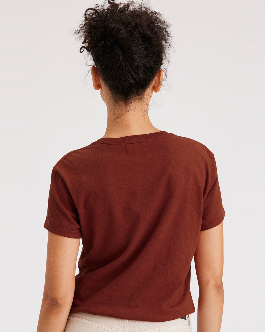 Back view of model wearing Picante Women's Slim Fit Graphic Tee Shirt.