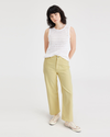 View of model wearing Pineapple Slice Wash Women's Straight Fit High Jean Cut Pants.