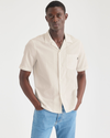 Front view of model wearing Sahara Khaki Camp Shirt, Regular Fit.