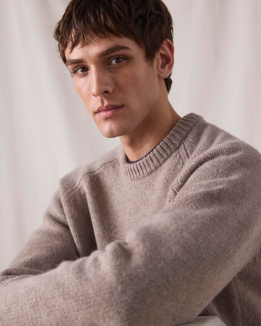 View of model wearing Sahara Khaki Dockers® x Transnomadica Mariner Sweater.