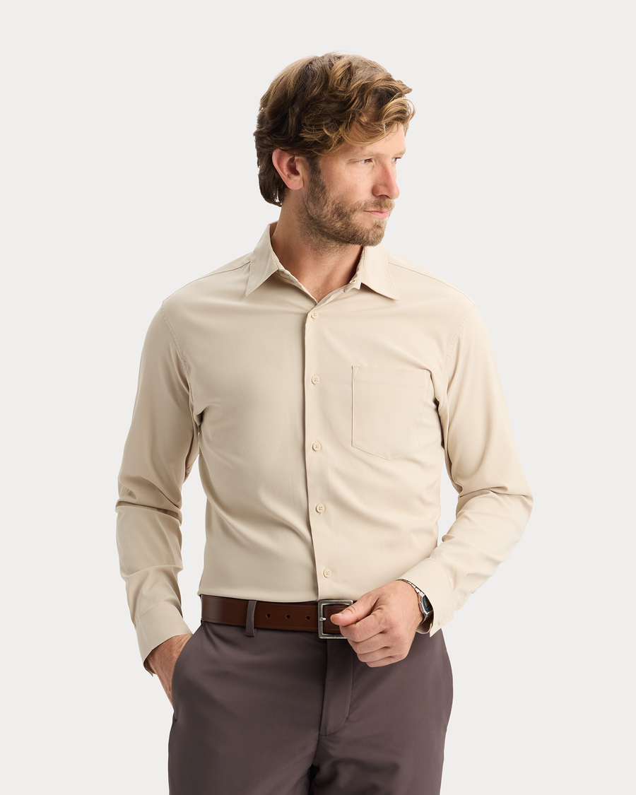 View of model wearing Sahara Khaki Go Shirt Long Sleeve, Regular Fit.