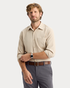 View of model wearing Sahara Khaki Go Shirt Long Sleeve, Regular Fit.