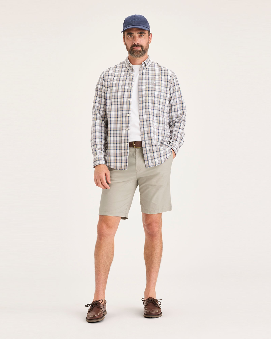 Front view of model wearing Sahara Khaki Men's Supreme Flex Modern Chino Short.