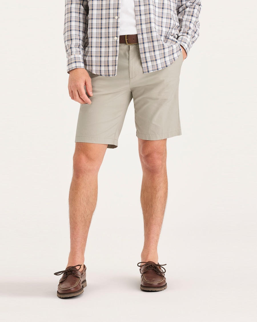 Front view of model wearing Sahara Khaki Men's Supreme Flex Modern Chino Short.