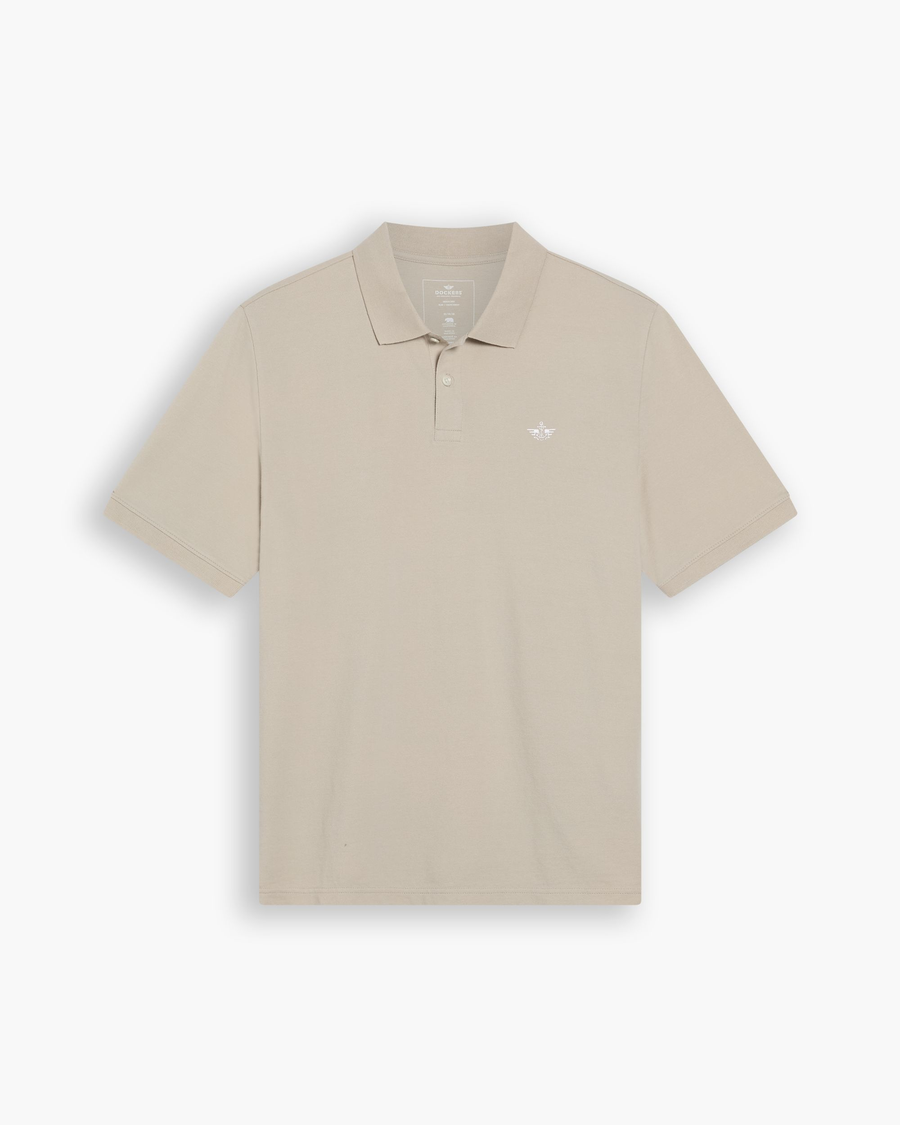 View of model wearing Sahara Khaki Pique Polo, Slim Fit.