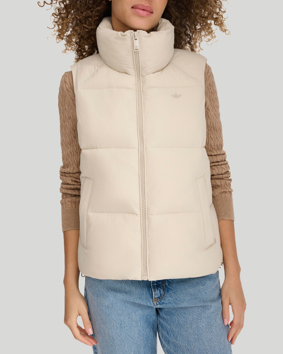 View of model wearing Sahara Khaki Women's Puffer Vest Jacket.