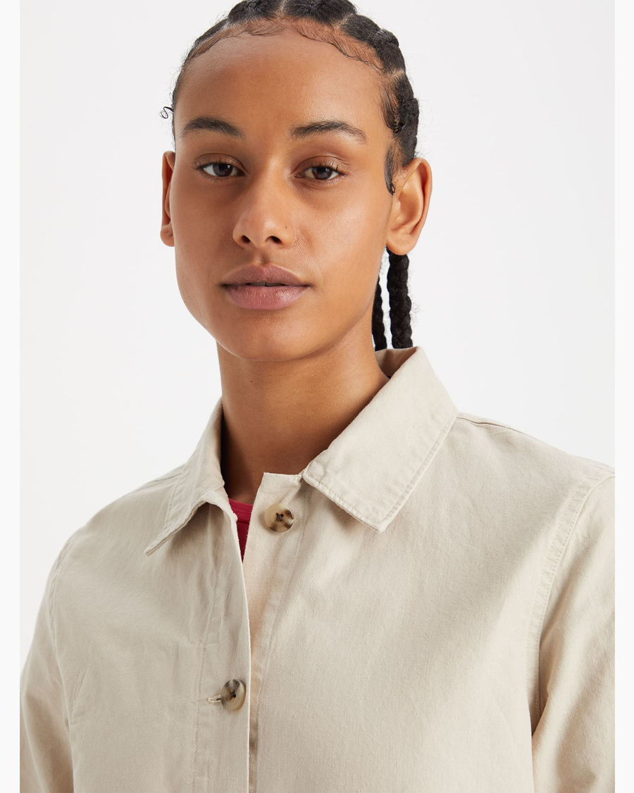 View of model wearing Sahara Khaki Women's Regular Fit Chore Jacket.
