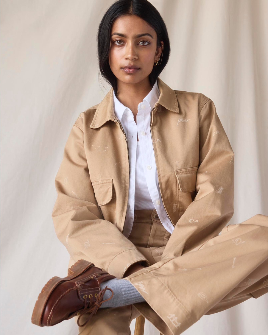 View of model wearing Seaworthy Khaki Dockers® x Transnomadica Mechanics Jacket.