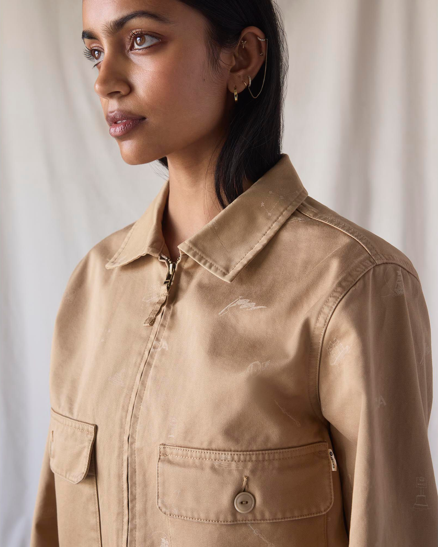 View of model wearing Seaworthy Khaki Dockers® x Transnomadica Mechanics Jacket.