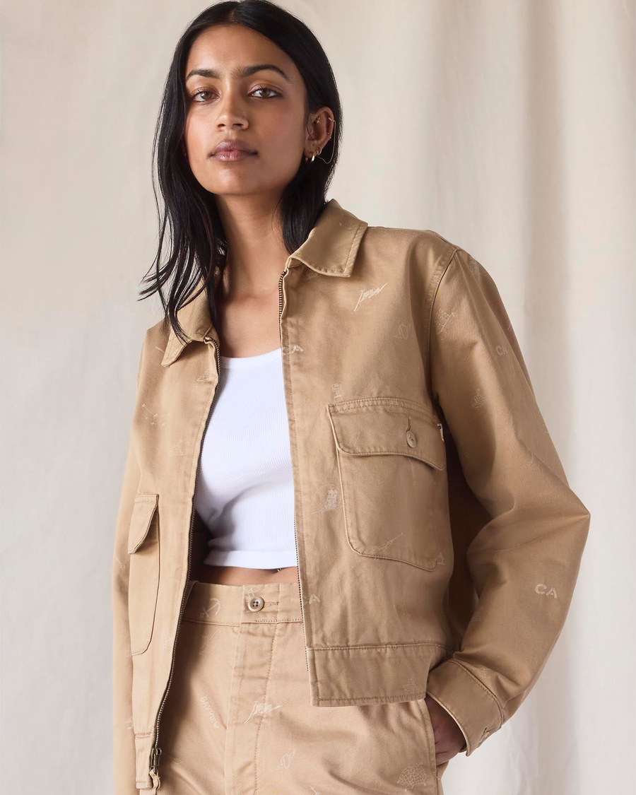 View of model wearing Seaworthy Khaki Dockers® x Transnomadica Mechanics Jacket.