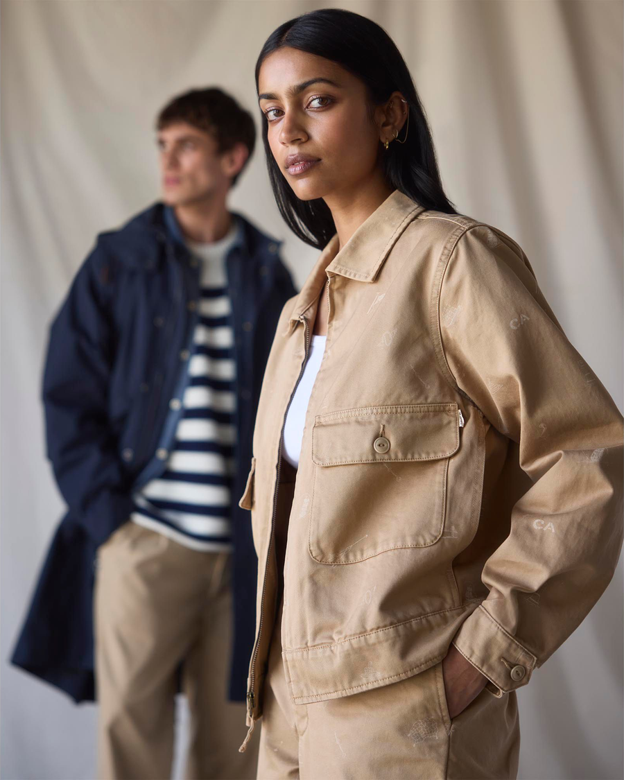 View of model wearing Seaworthy Khaki Dockers® x Transnomadica Mechanics Jacket.