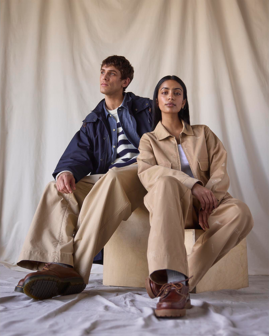 View of model wearing Seaworthy Khaki Dockers® x Transnomadica Mechanics Jacket.