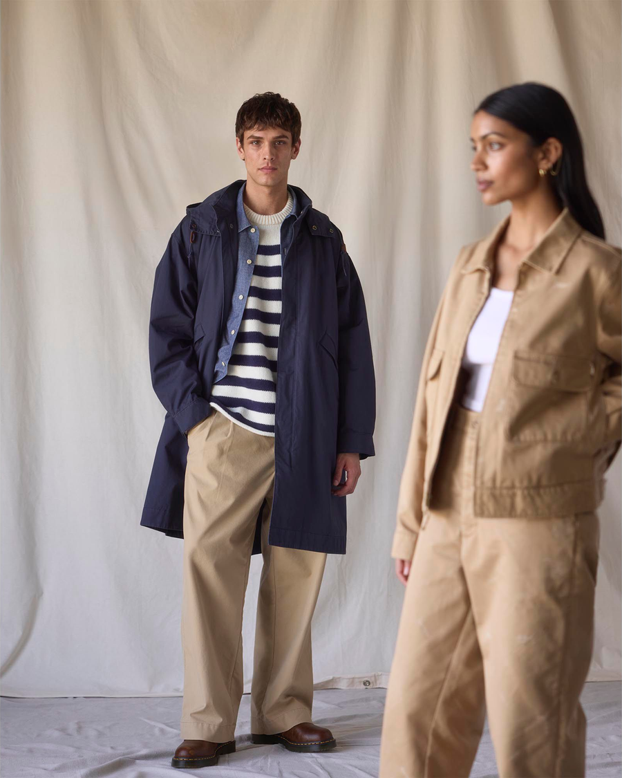 View of model wearing Seaworthy Khaki Dockers® x Transnomadica Mechanics Jacket.