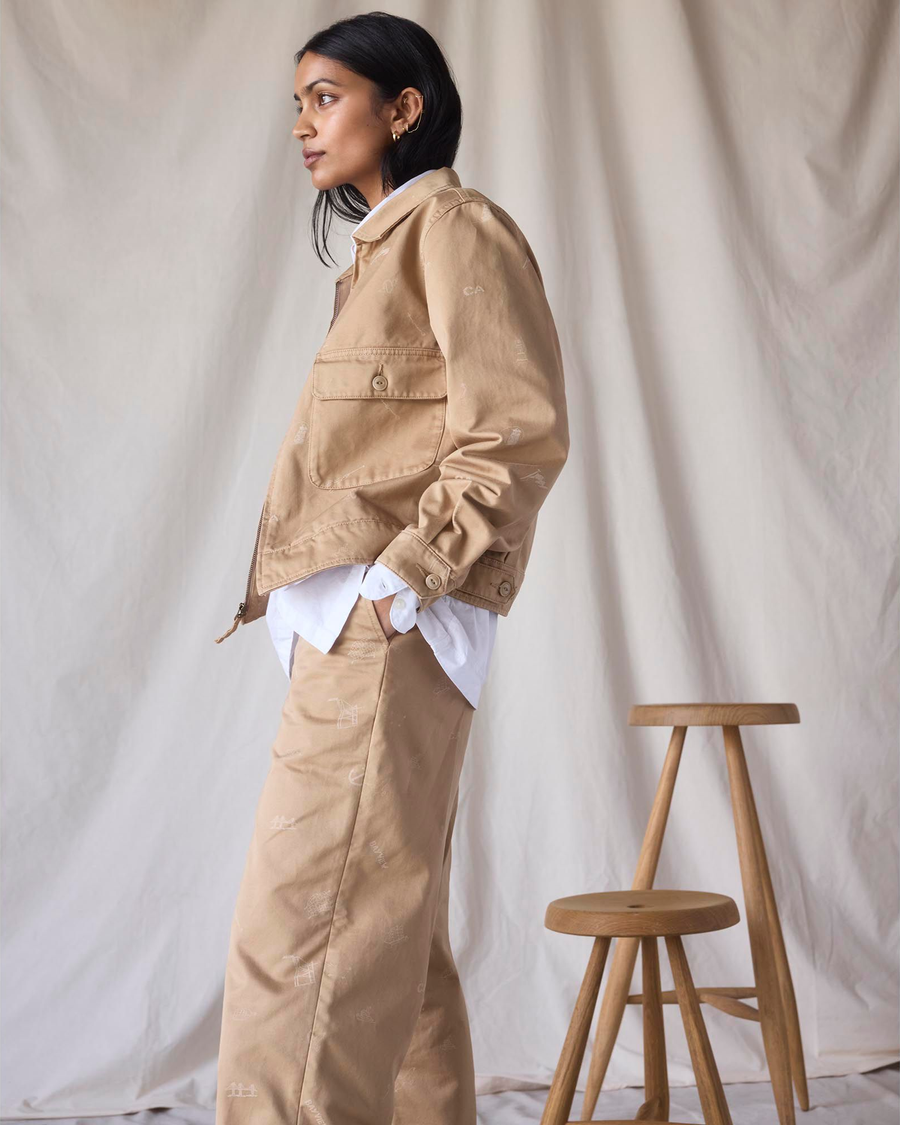 Front view of model wearing Seaworthy Khaki Dockers® x Transnomadica Mechanics Jacket.