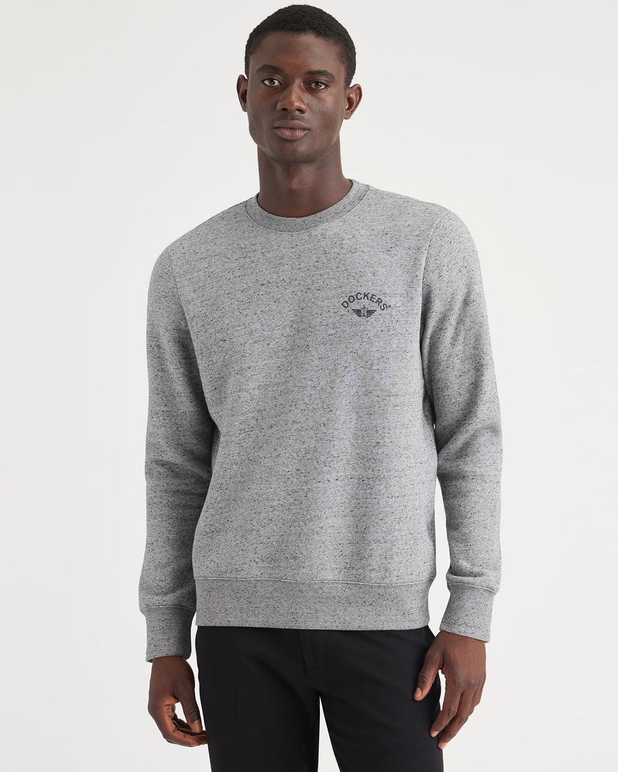 Front view of model wearing Smokestack Heather Crewneck Sweatshirt,  Regular Fit.