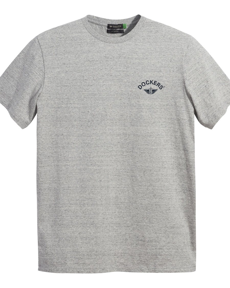 View of model wearing Smokestack Heather Logo Tee, Slim Fit.