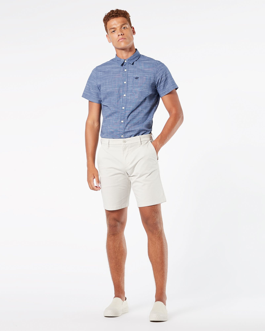 Front view of model wearing Smokestack Heather Men's Straight Fit Ultimate Shorts.