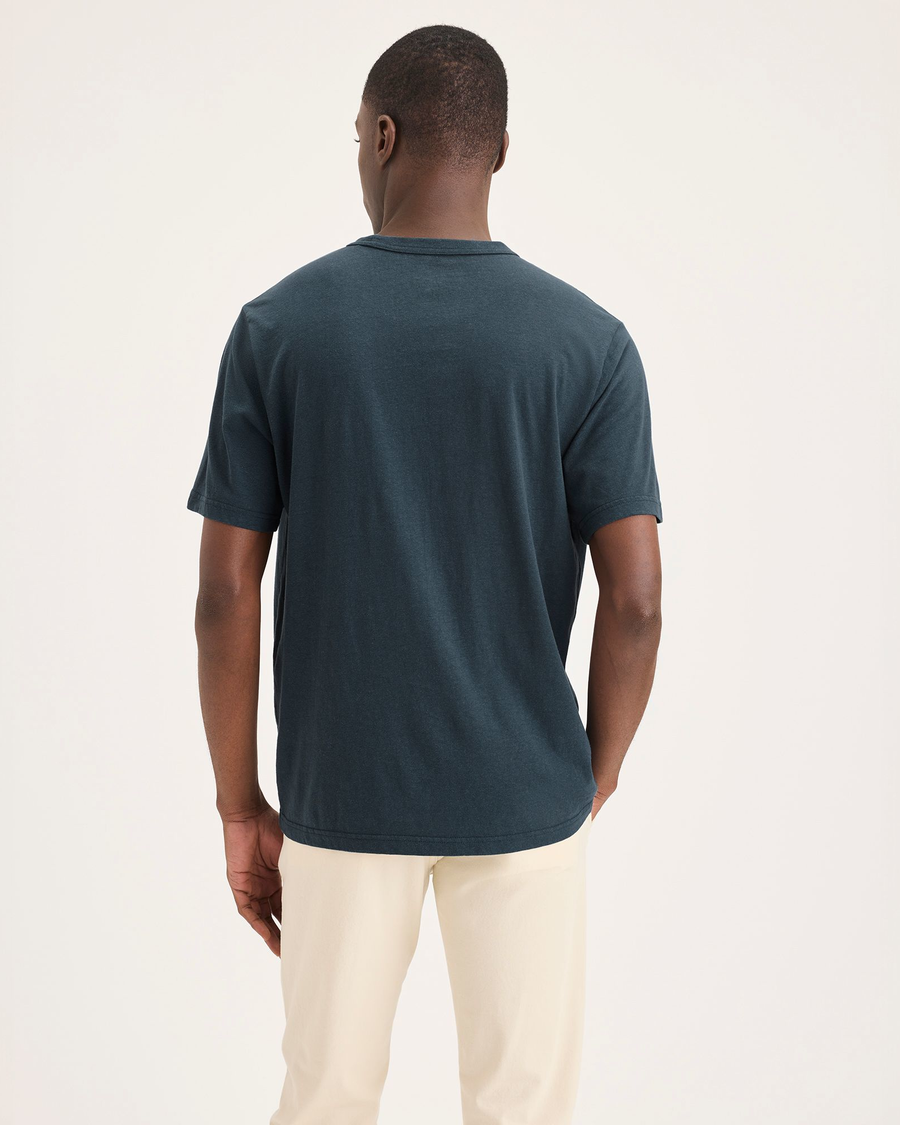 Back view of model wearing Stratified Sea Men's Regular Fit Original Tee Shirt.