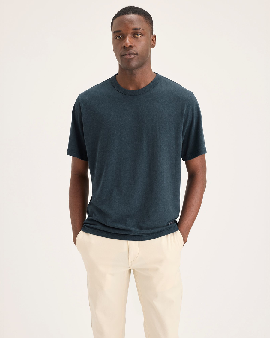 Front view of model wearing Stratified Sea Men's Regular Fit Original Tee Shirt.