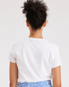 Back view of model wearing Sumi Flowers Lucent White Women's Slim Fit Graphic Tee Shirt.
