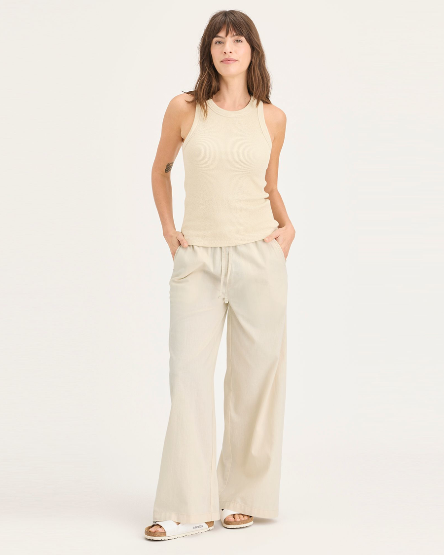 Front view of model wearing Summer Earth Women's Drawstring Pants.