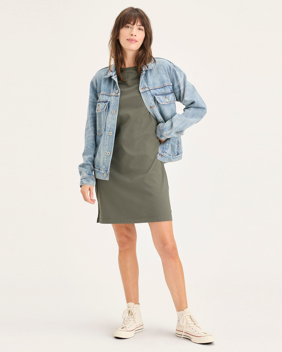 Front view of model wearing Tea Leaf Women's Regular Fit T-Shirt Dress.