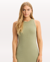 View of model wearing Tea Tank Dress with Loft Knit, Slim Fit.