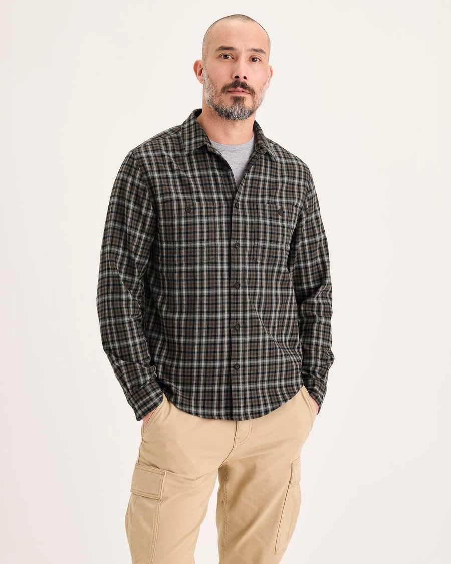 Front view of model wearing Thunderstorm Grey Men's Regular Fit 2 Pocket Work Shirt.