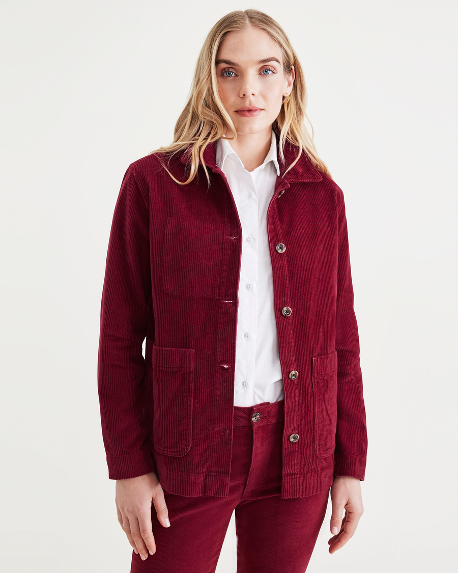 Front view of model wearing Tibetan Red Women's Regular Fit Chore Jacket.