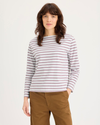 Front view of model wearing Toadstool Boatneck Tee, Regular Fit.