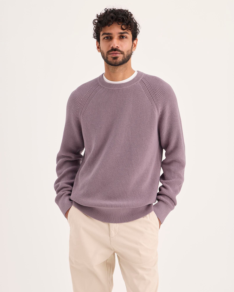 Front view of model wearing Toadstool Crewneck Sweater, Regular Fit.