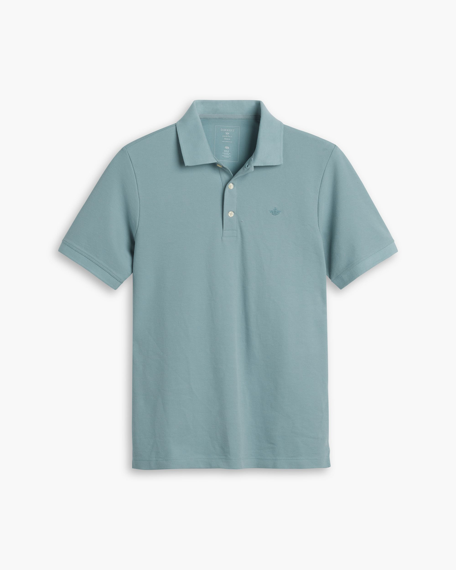 View of model wearing Tourmaline Men's Slim Fit Original Polo Shirt.
