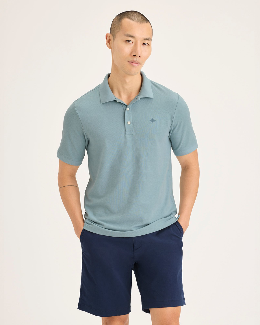 Front view of model wearing Tourmaline Men's Slim Fit Original Polo Shirt.