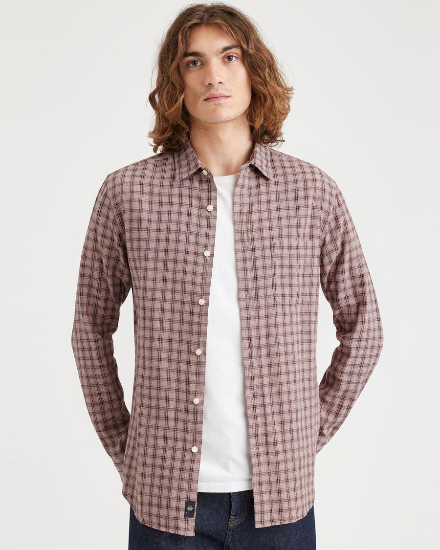 Front view of model wearing Upstream Fawn Men's Slim Fit Icon Button Up Shirt.