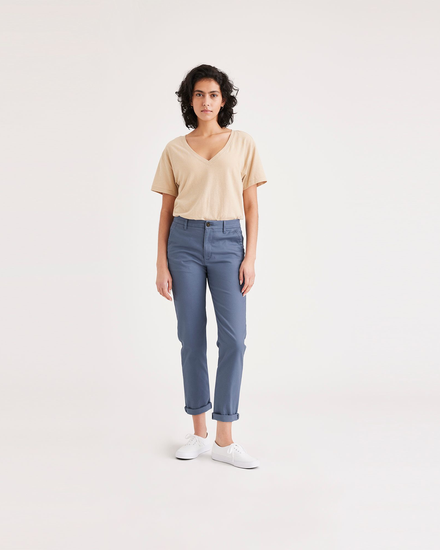 Front view of model wearing Vintage Indigo Women's Slim Fit Weekend Chino Pants.
