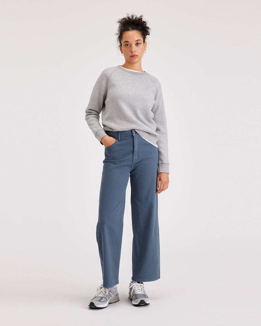 Front view of model wearing Vintage Indigo Women's Straight Fit High Jean Cut Pants.