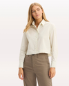 Front view of model wearing Water Lily Boxy Cropped Shirt, Relaxed Fit.