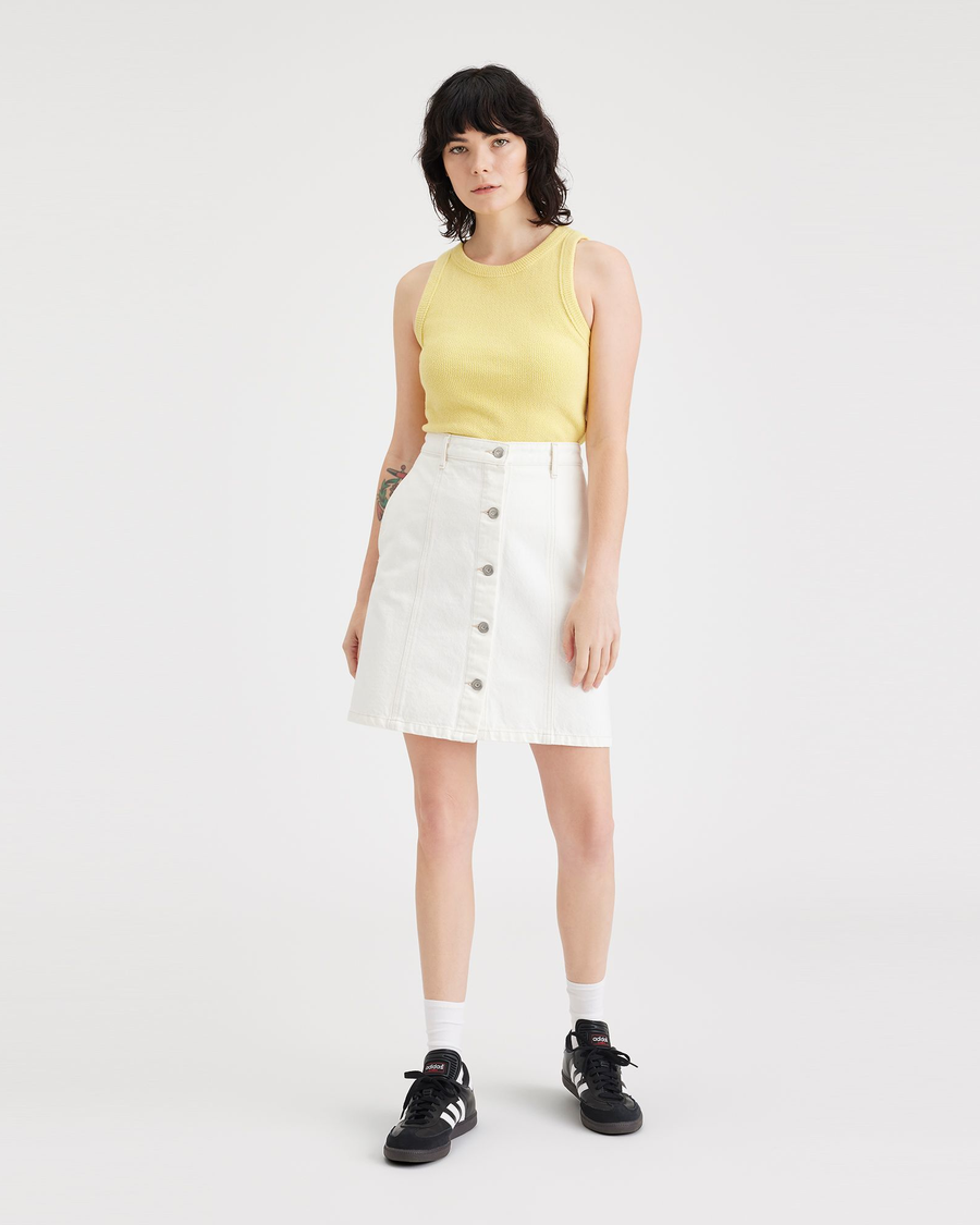 Front view of model wearing White Garment Dye Women's Button Front Mini Skirt.