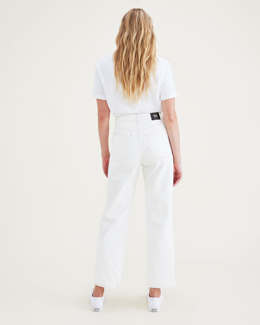 Back view of model wearing White Garment Dye Women's Straight Fit High Jean Cut Pants.