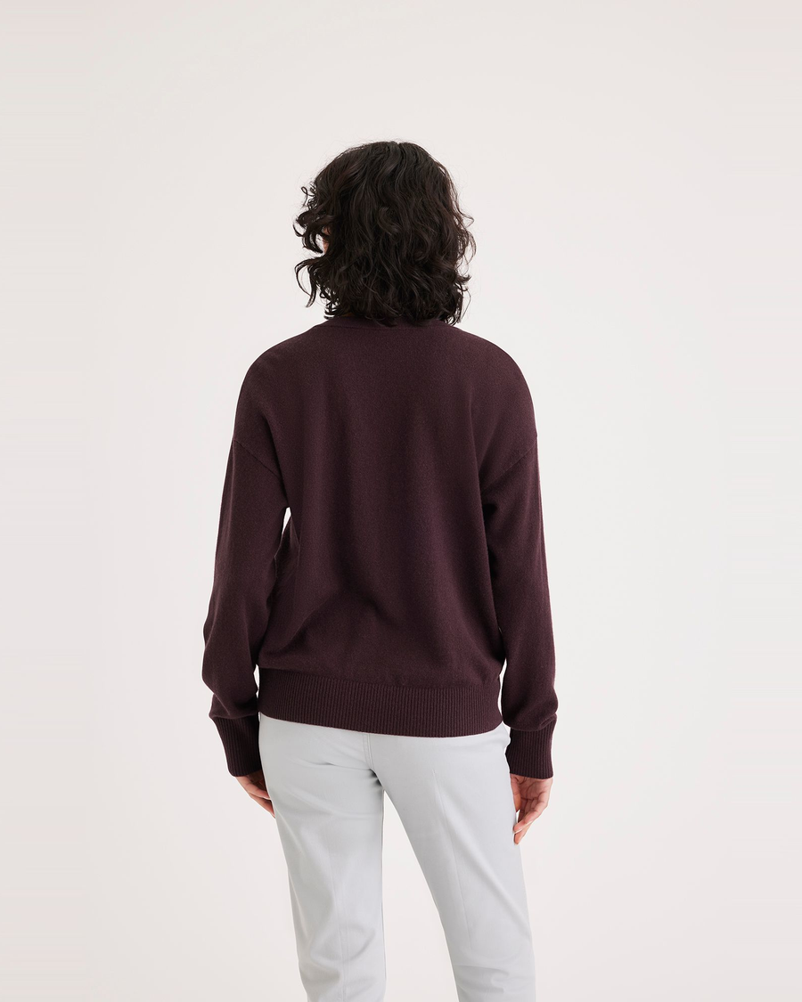 Back view of model wearing Winetasting Women's Regular Fit V-Neck Sweater.